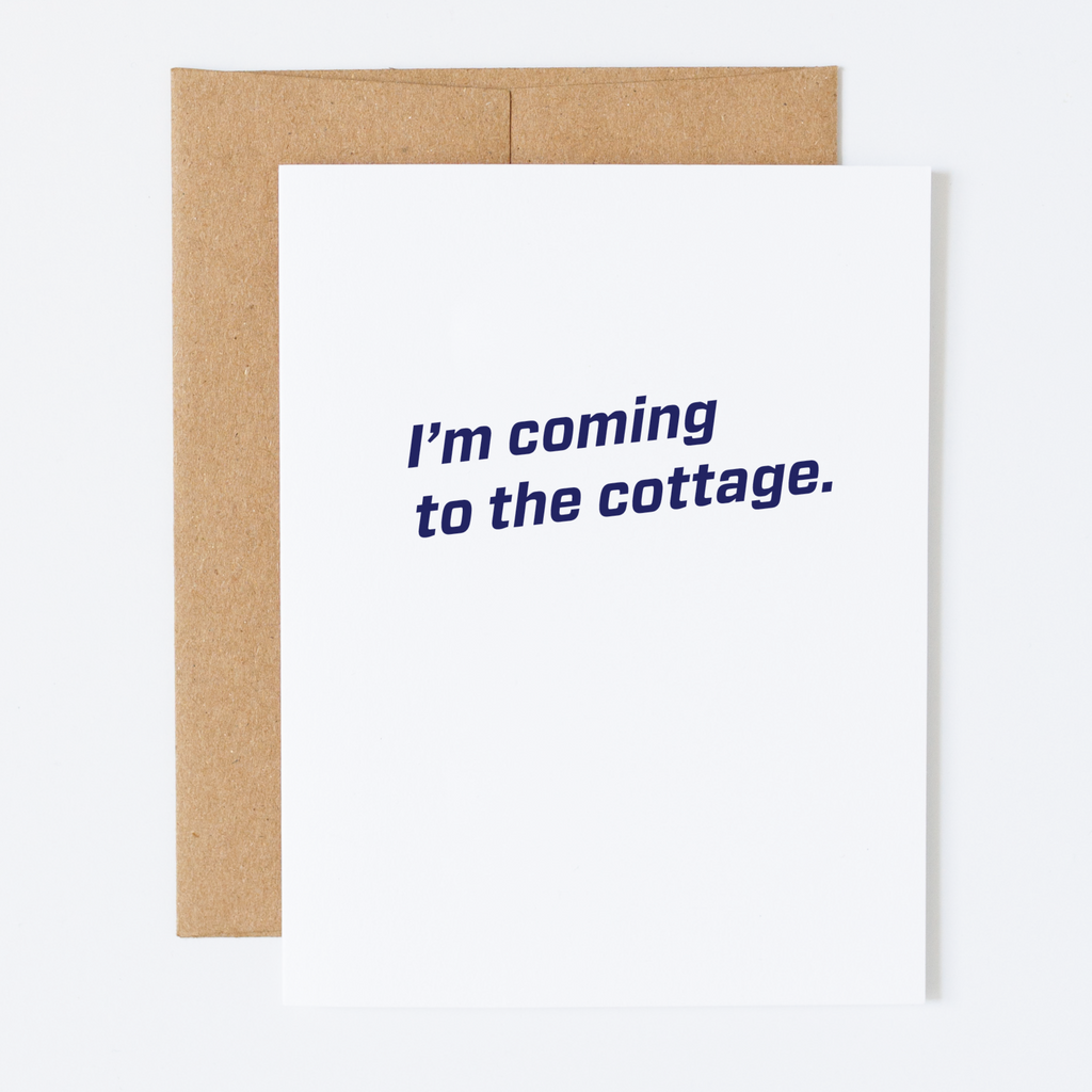 Note card with 'I'm coming to the cottage.' text on a white background